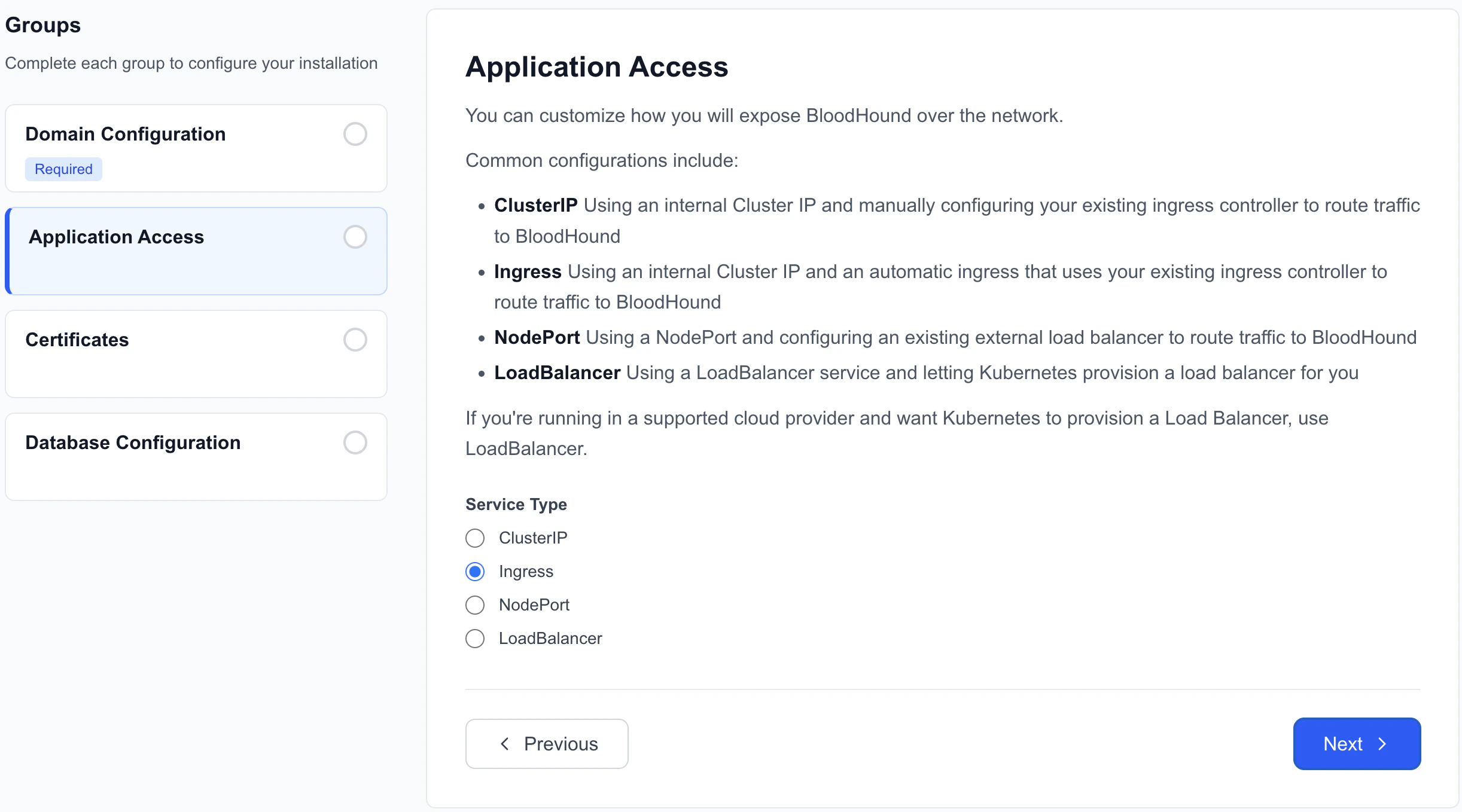 A screenshot showing the application access configuration step of the BloodHound Enterprise web-based installer