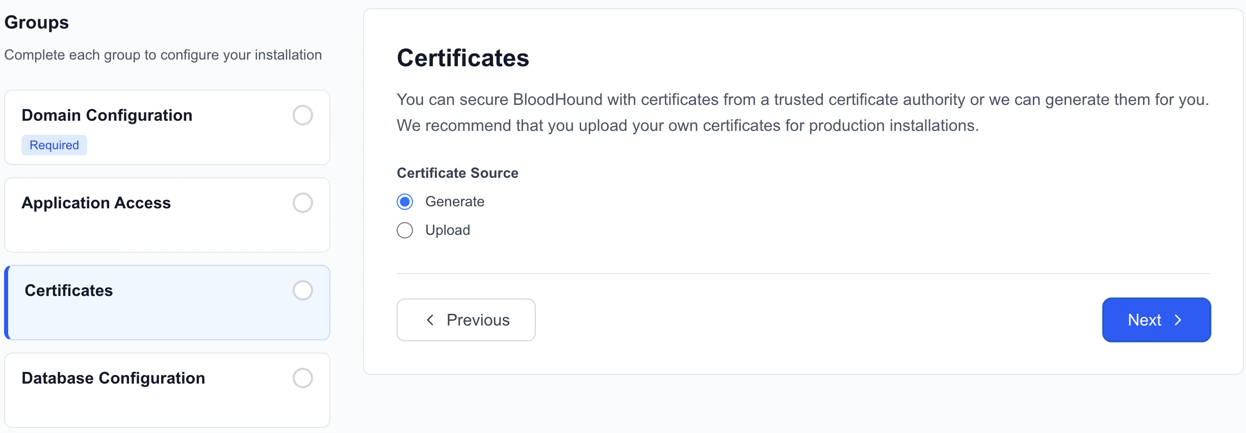 A screenshot showing the certificate configuration step of the BloodHound Enterprise web-based installer