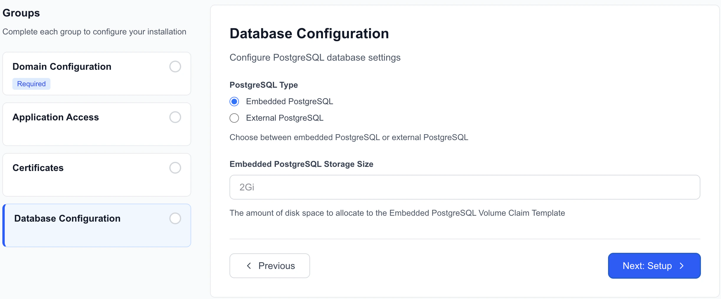 A screenshot showing the database configuration step of the BloodHound Enterprise web-based installer