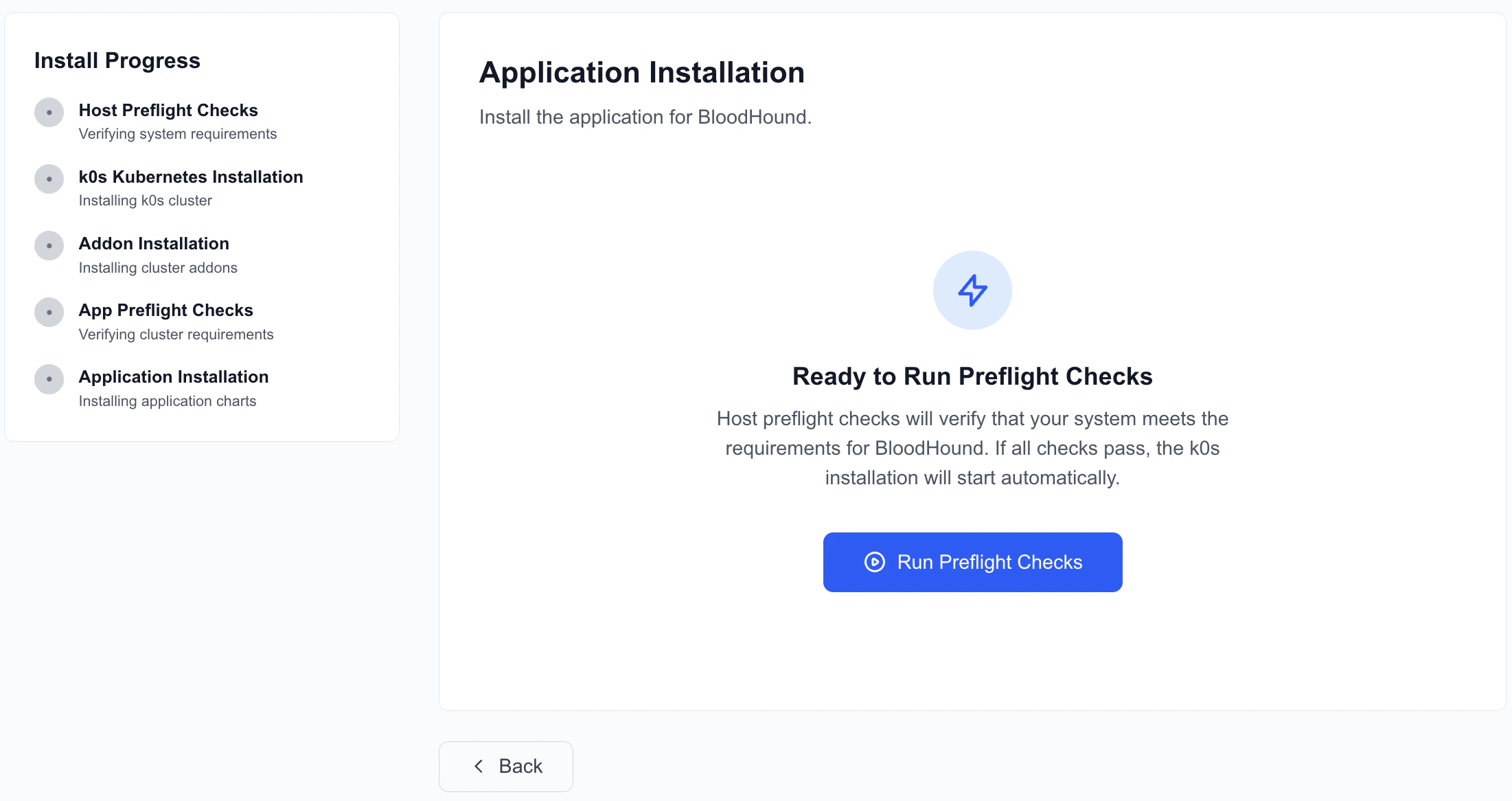 A screenshot showing the preflight checks step of the BloodHound Enterprise web-based installer