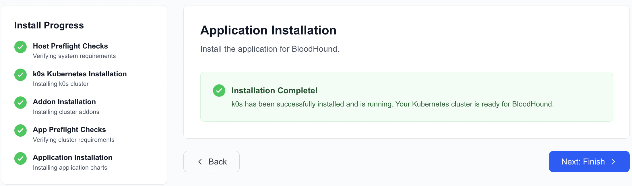 A screenshot showing the installation success step of the BloodHound Enterprise web-based installer