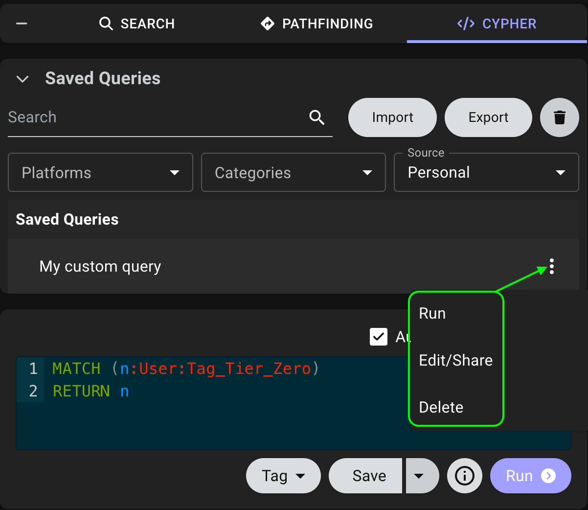 Edit and delete saved queries