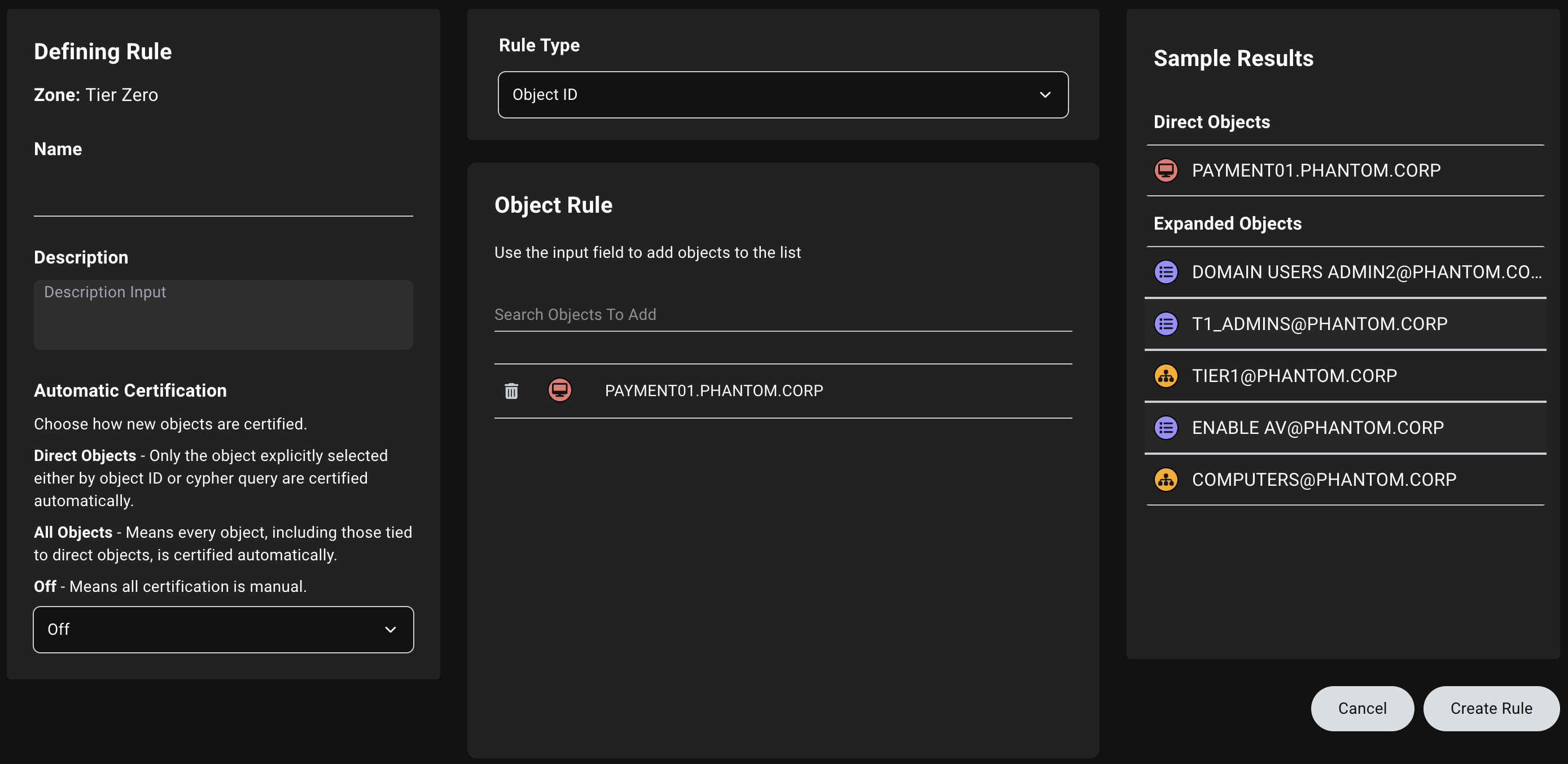 A view of the Zone Builder Object ID rule configuration