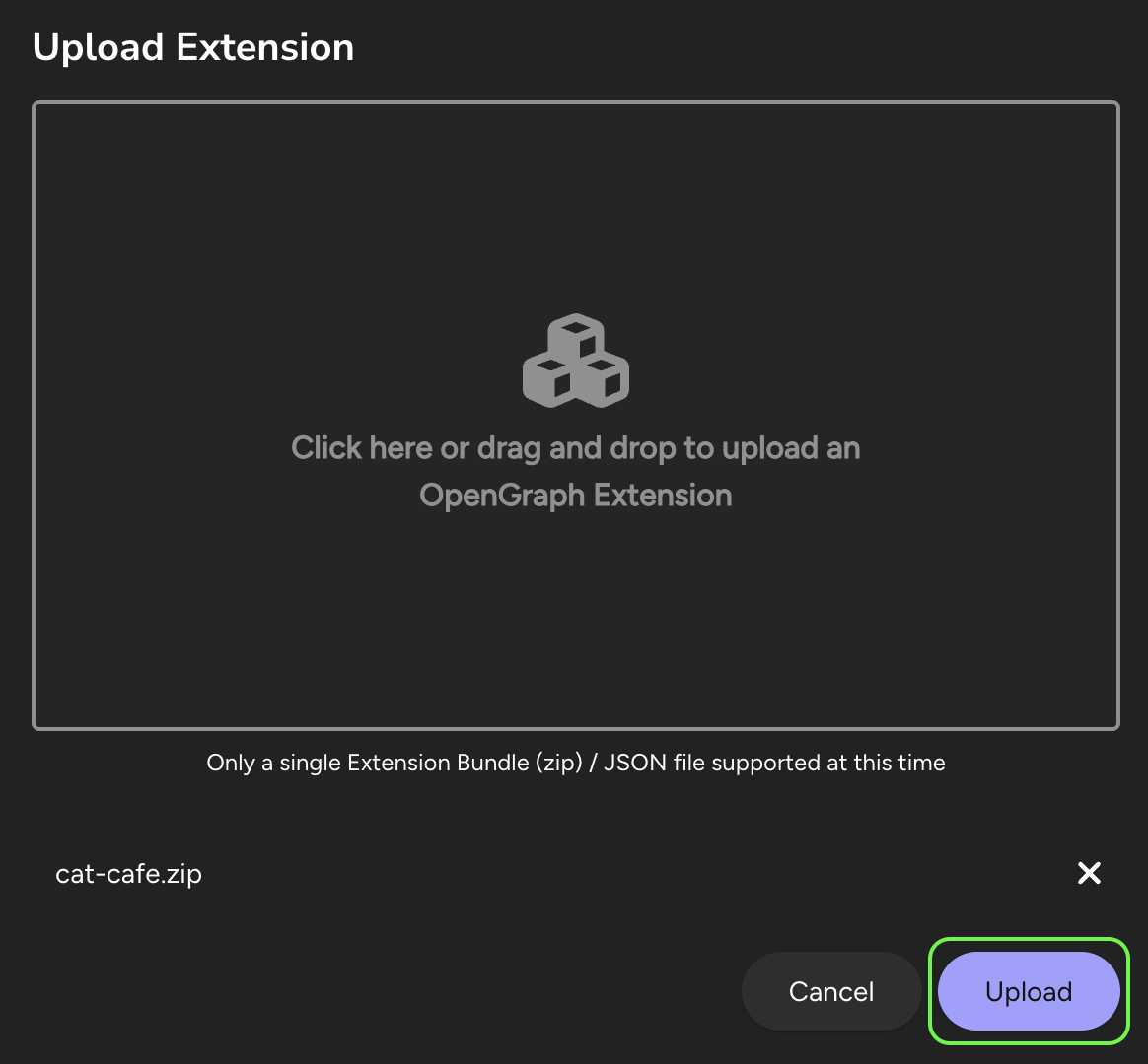 A screenshot showing the OpenGraph Management page with the Upload Schema Files dialog open, allowing the user to select a file and upload it.