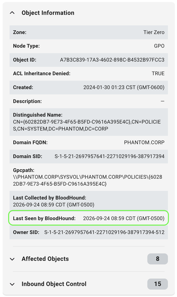 Last Seen by BloodHound property in a node's entity panel