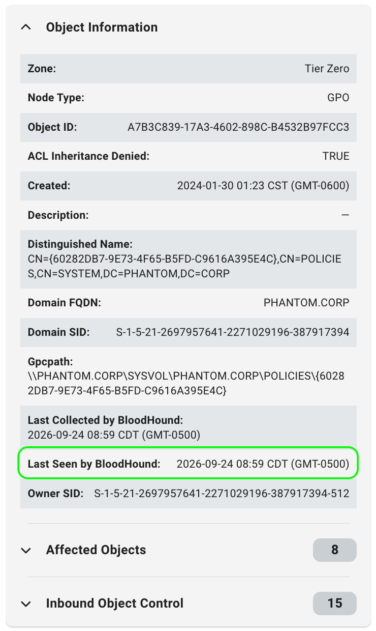 Last Seen by BloodHound property in a node's entity panel