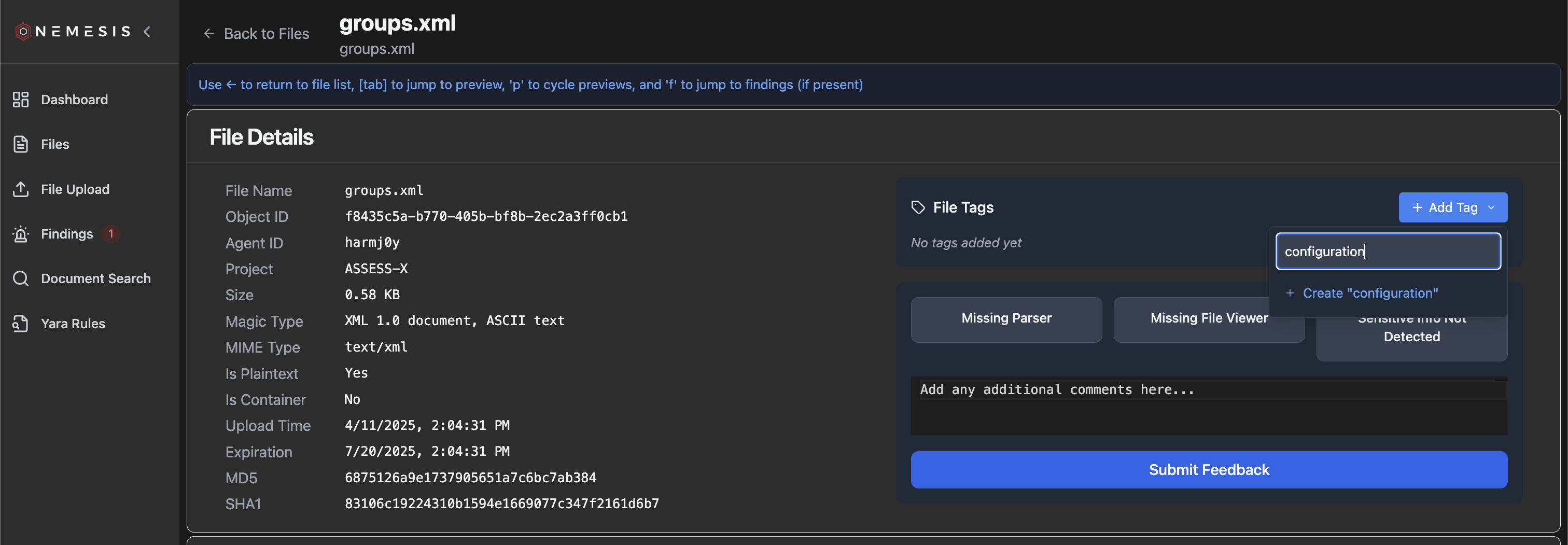 Nemesis File Details Tagging