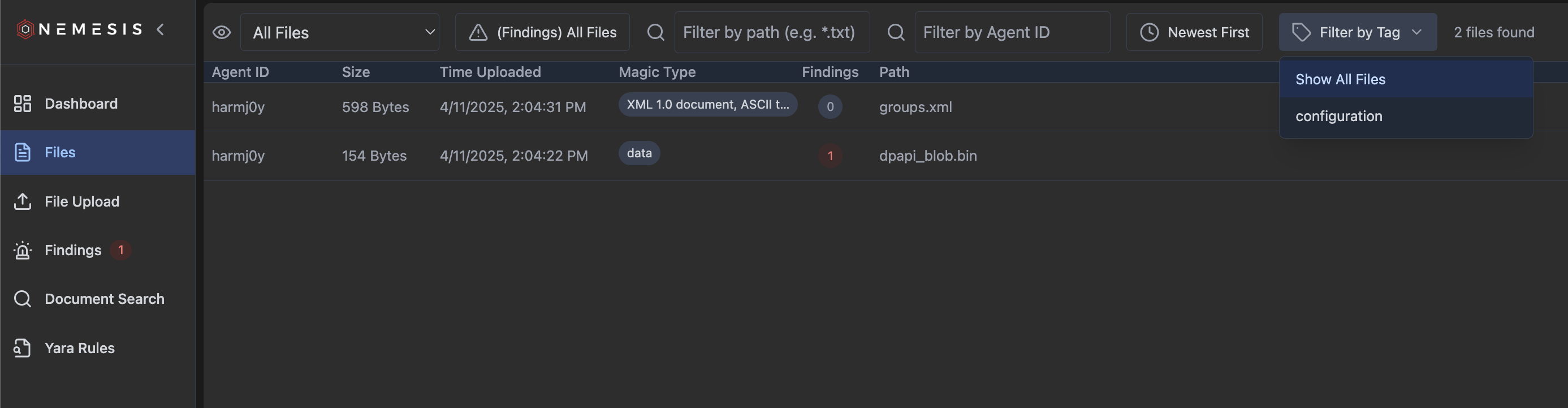 Nemesis Files Tag Filtering