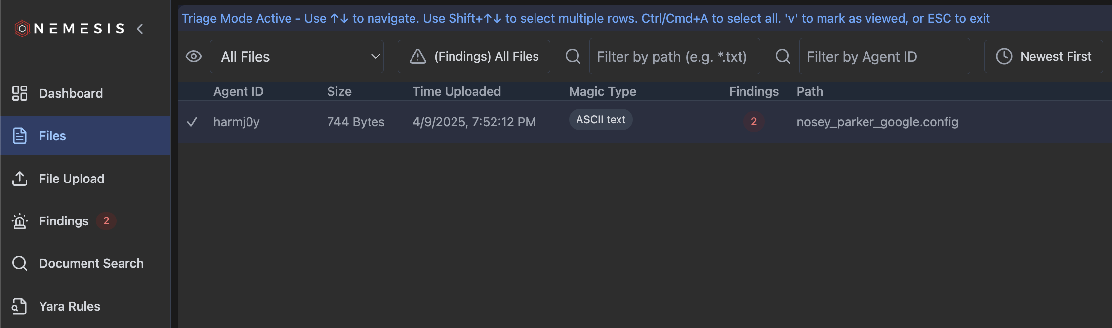 Nemesis Dashboard File Triage Mode