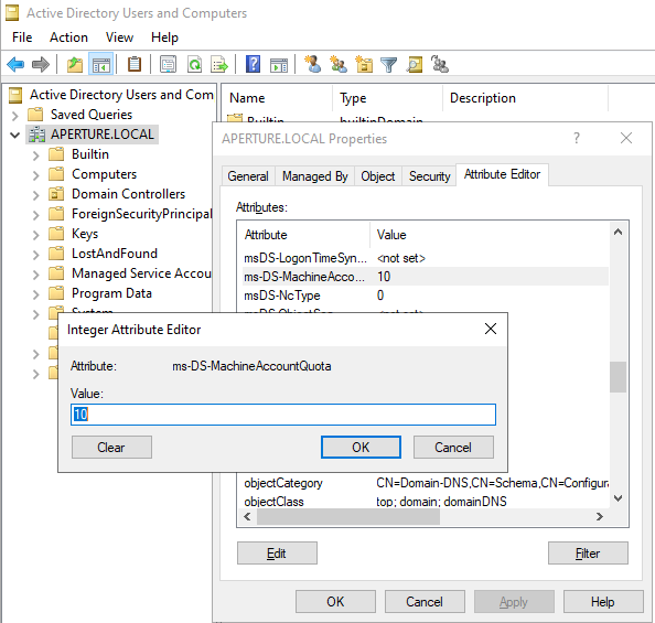 Modify ms-DS-MachineAccountQuota