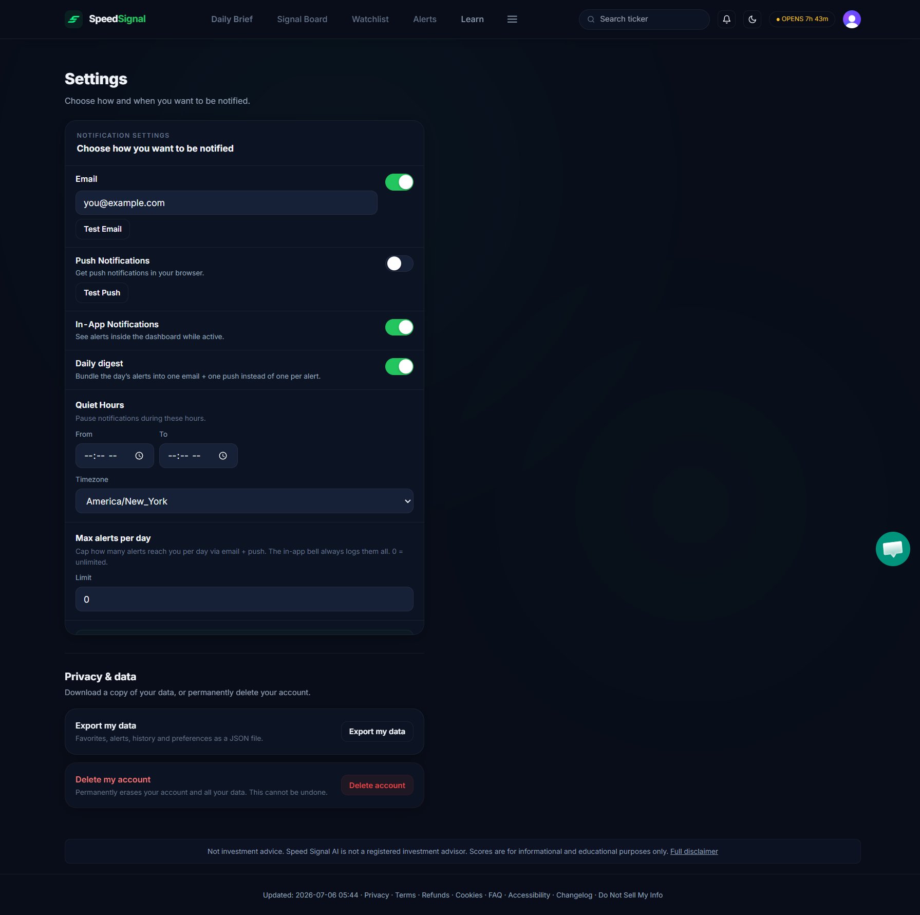 The Settings tab with the Notification Settings panel and the Privacy and data section