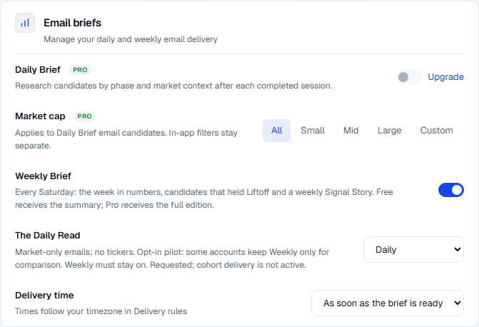 Free Email briefs settings with Weekly enabled and an explicitly requested Daily Read frequency