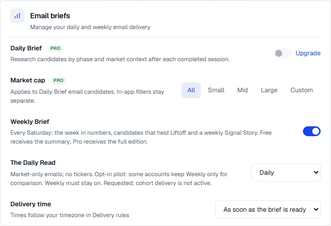 Free Email briefs settings with Weekly enabled and an explicitly requested Daily Read frequency