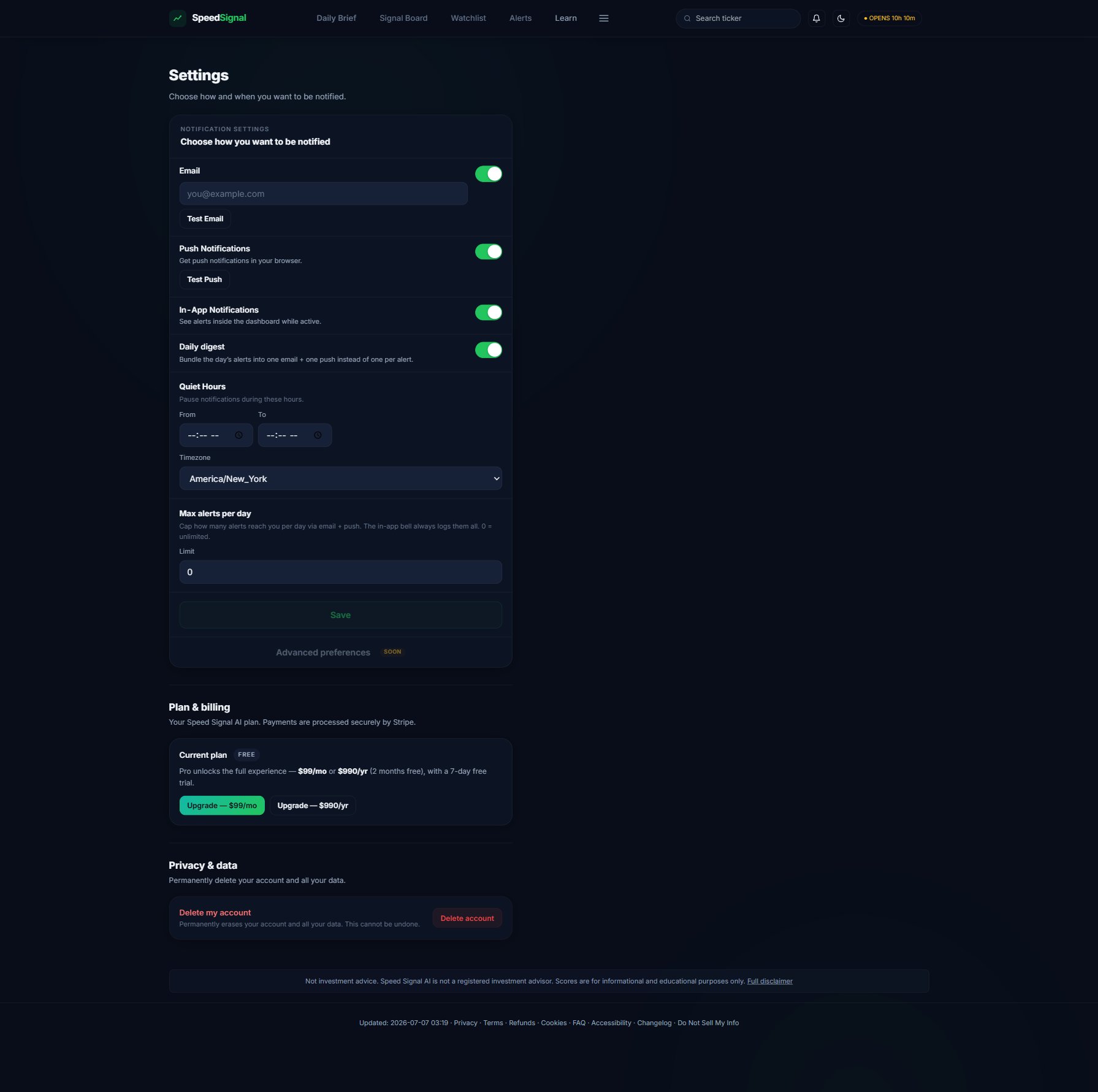 The Settings tab with the Notification Settings panel and the Privacy and data section