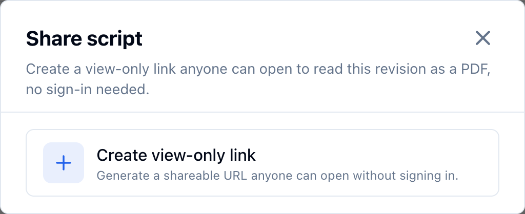 The Share script dialog with the Create view-only link button
