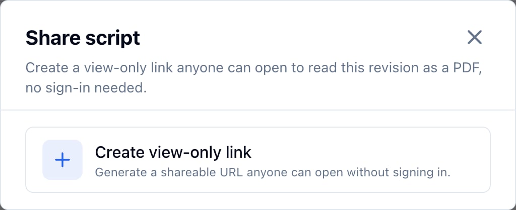 The Share script dialog with the Create view-only link button