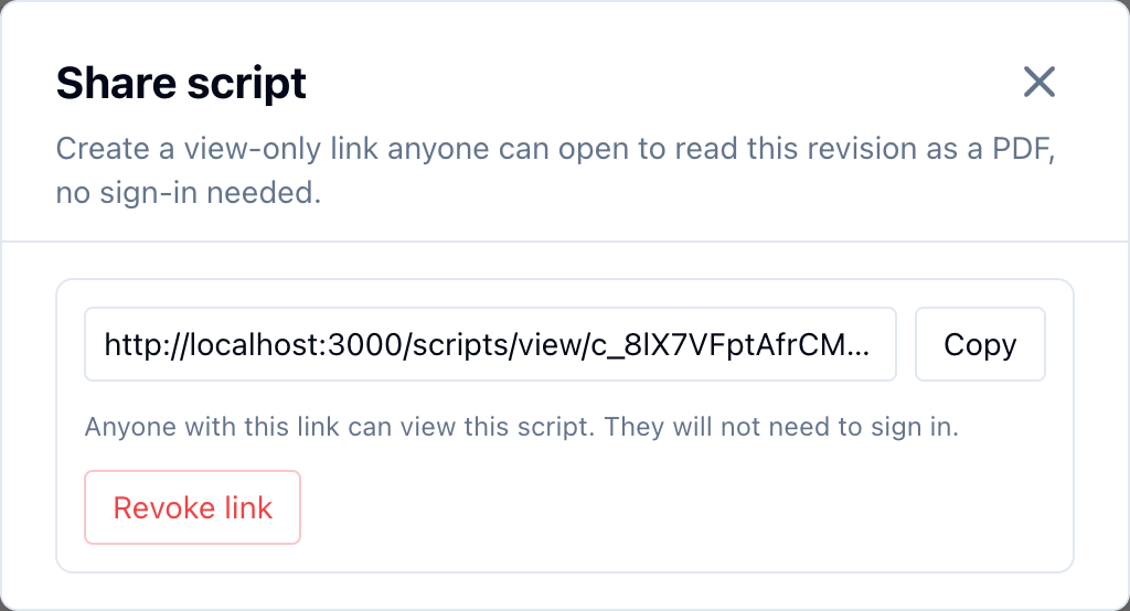 The Share script dialog showing the link with Copy and Revoke link buttons