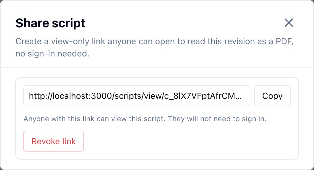The Share script dialog showing the link with Copy and Revoke link buttons