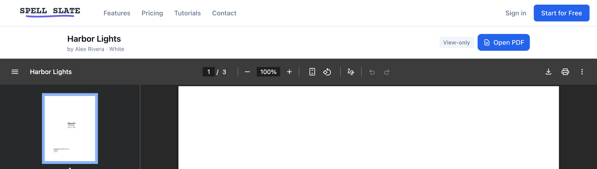 The recipient's view-only page with the title, revision, Open PDF button, and the embedded PDF
