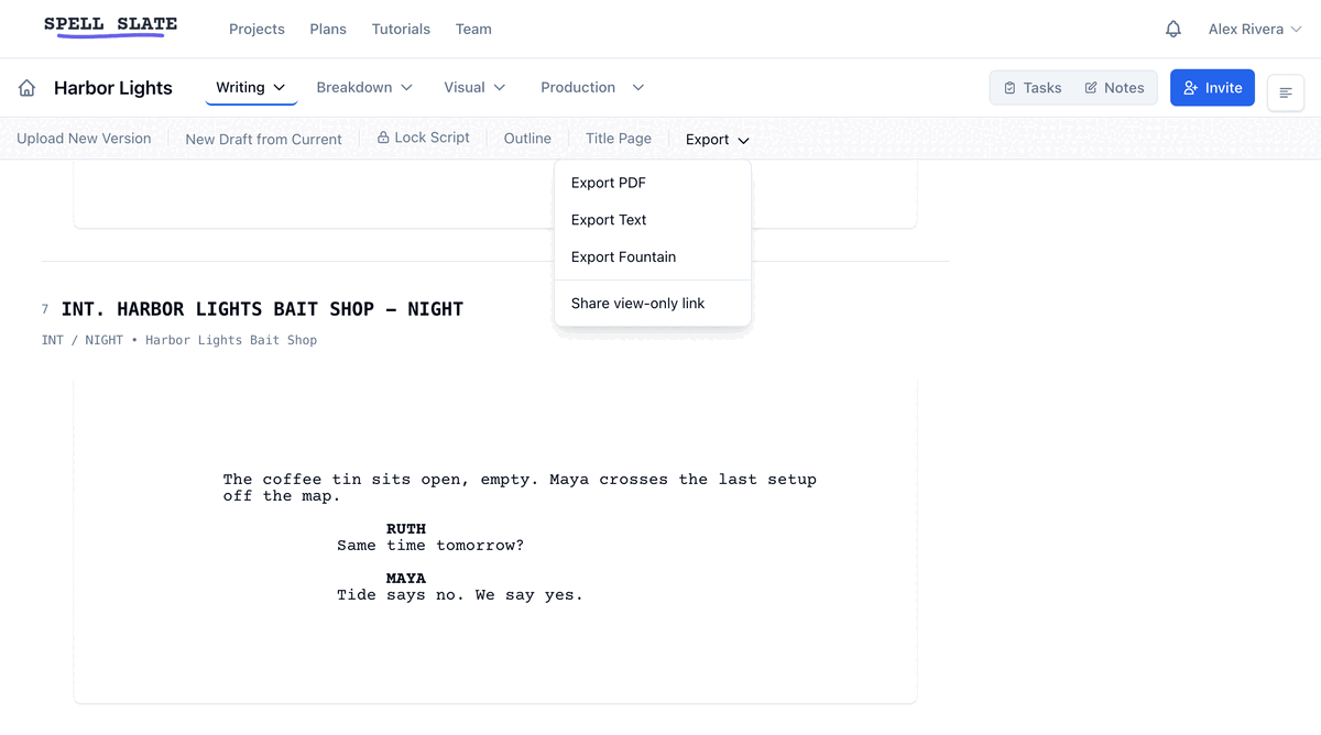 Three steps: the Export menu, the empty dialog, the dialog with the finished link