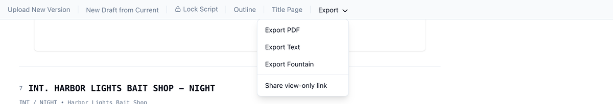 The Export menu open, with Share view-only link below the PDF, Text, and Fountain exports