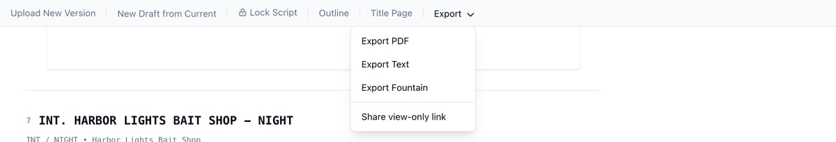 The Export menu open, with Share view-only link below the PDF, Text, and Fountain exports