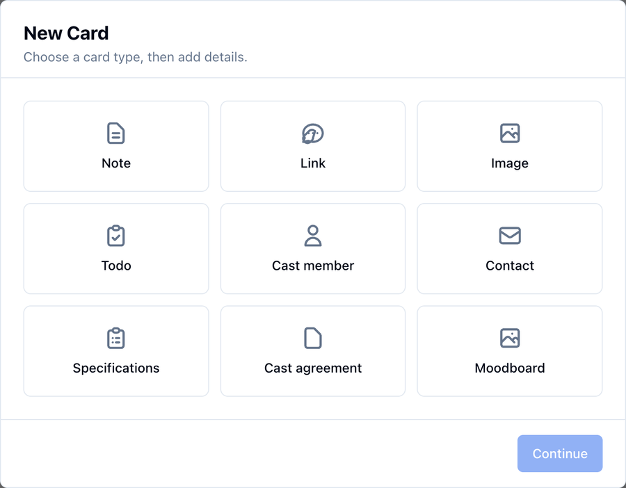 The New Card menu on a character board listing Note, Link, Image, Todo, Cast member, Contact, Specifications, Cast agreement, and Moodboard