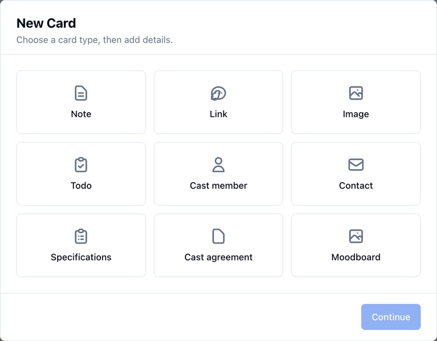 The New Card menu on a character board listing Note, Link, Image, Todo, Cast member, Contact, Specifications, Cast agreement, and Moodboard