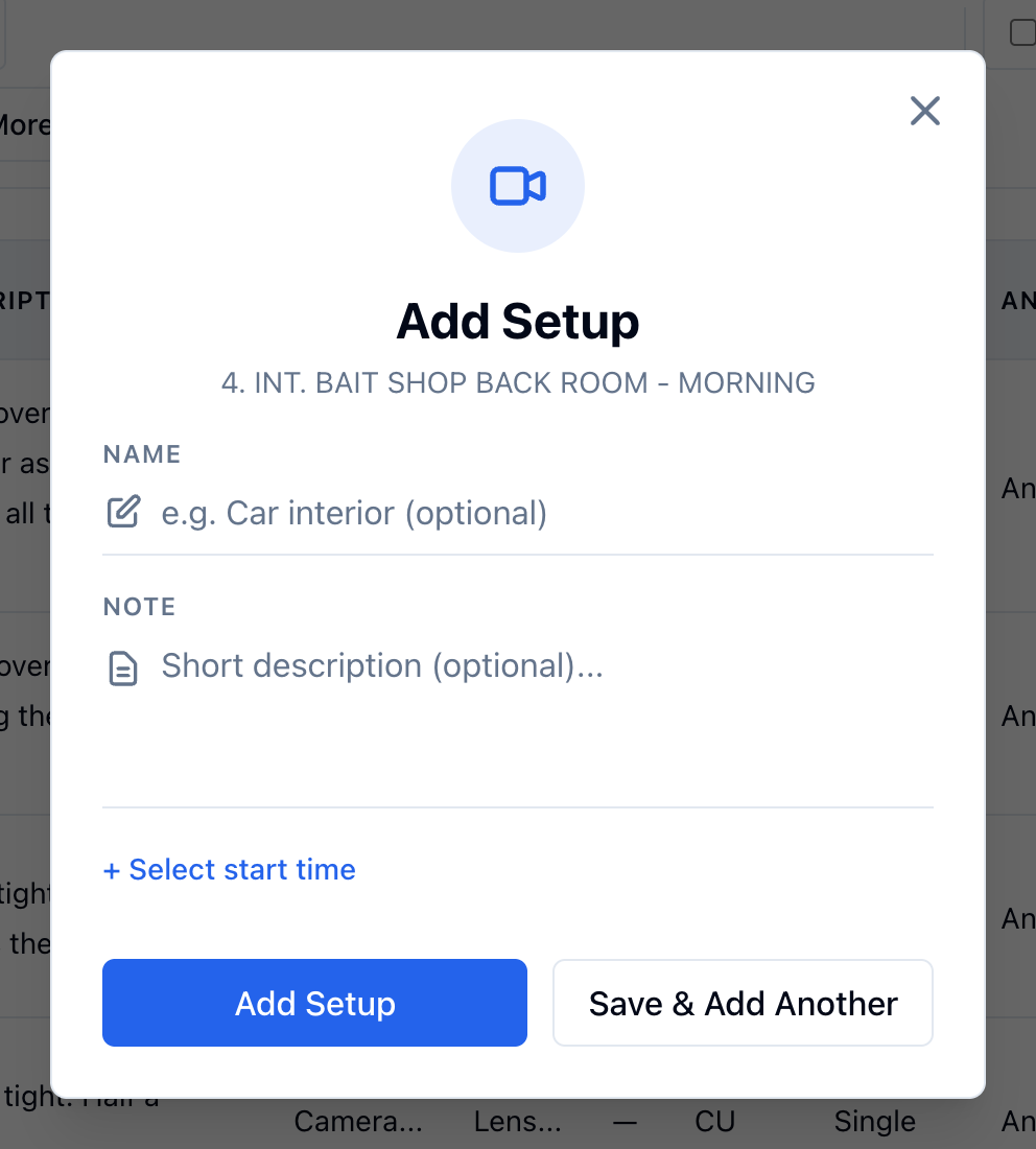 The Add Setup modal with Name, Note, and an optional start time