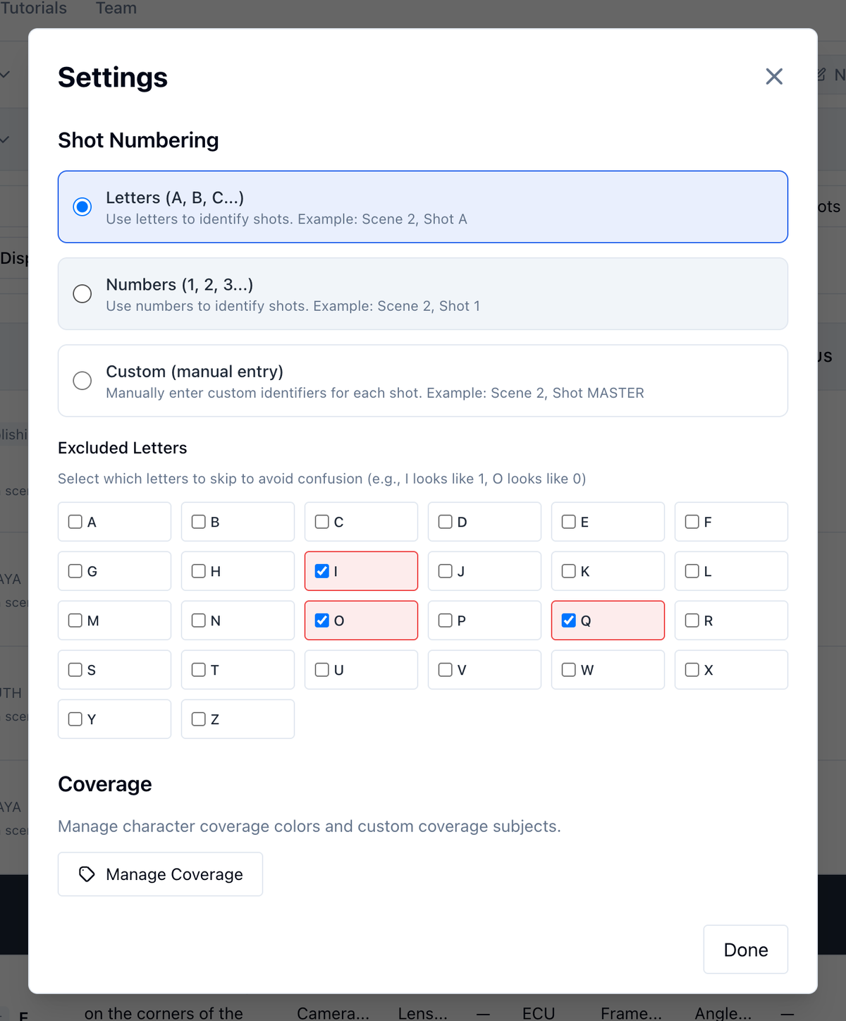 The Settings modal: Shot Numbering, Excluded Letters, and Coverage