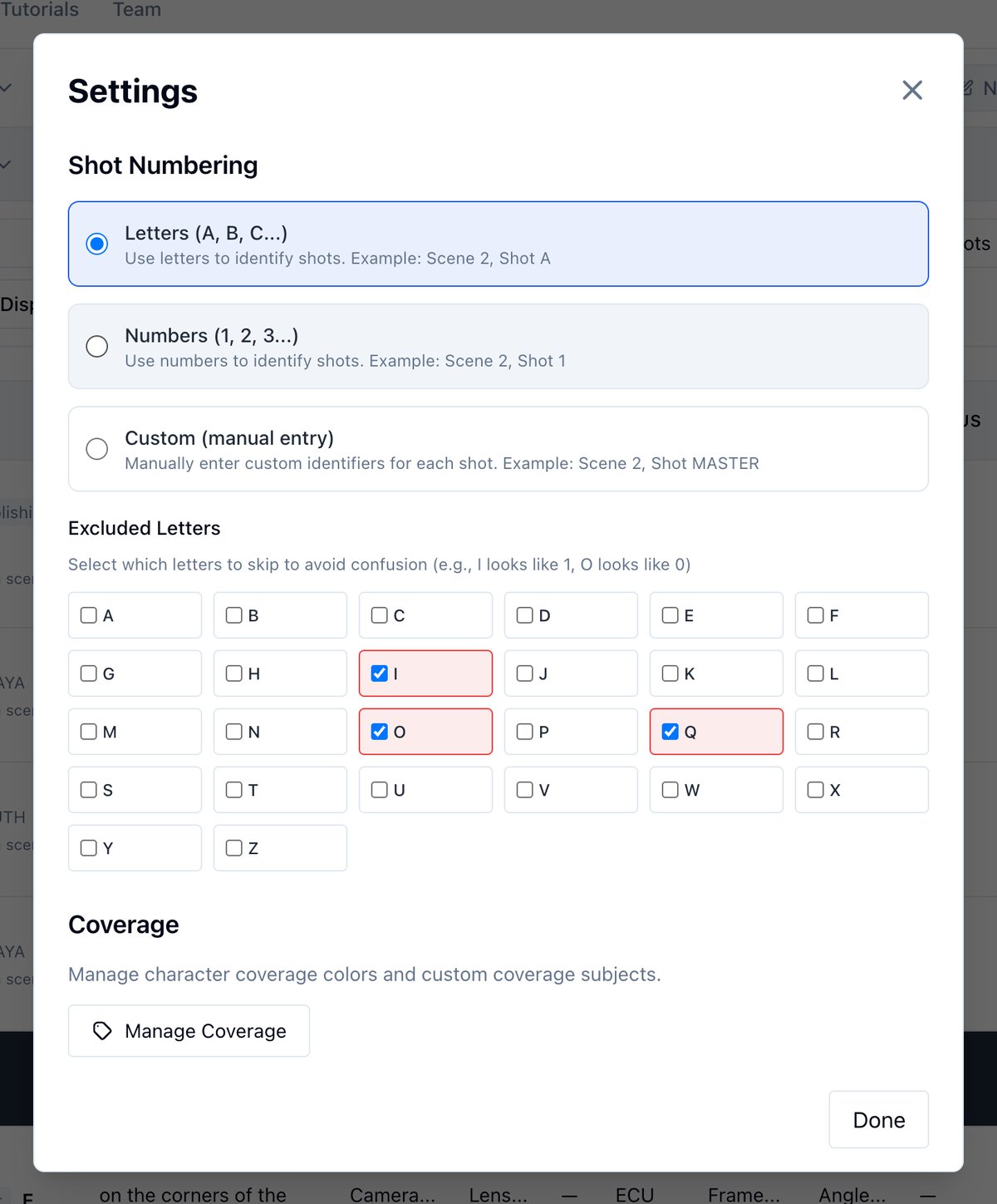The Settings modal: Shot Numbering, Excluded Letters, and Coverage