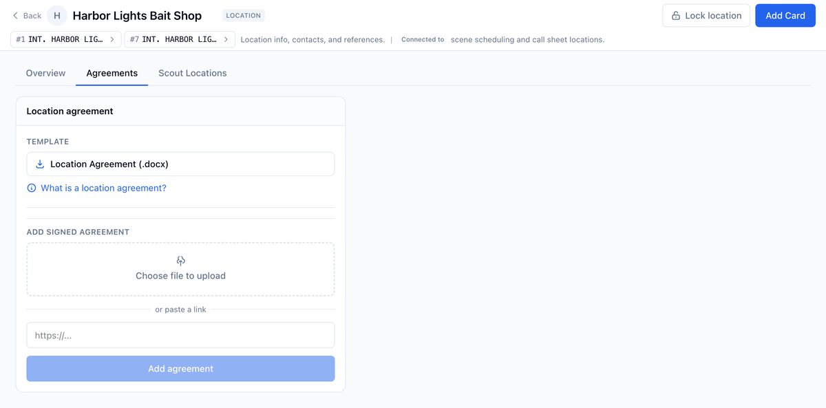 The Agreements tab on the bait shop's board, with the Location Agreement template, the upload area, and the Add agreement button