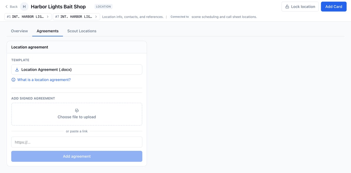 The Agreements tab on the bait shop's board, with the Location Agreement template, the upload area, and the Add agreement button