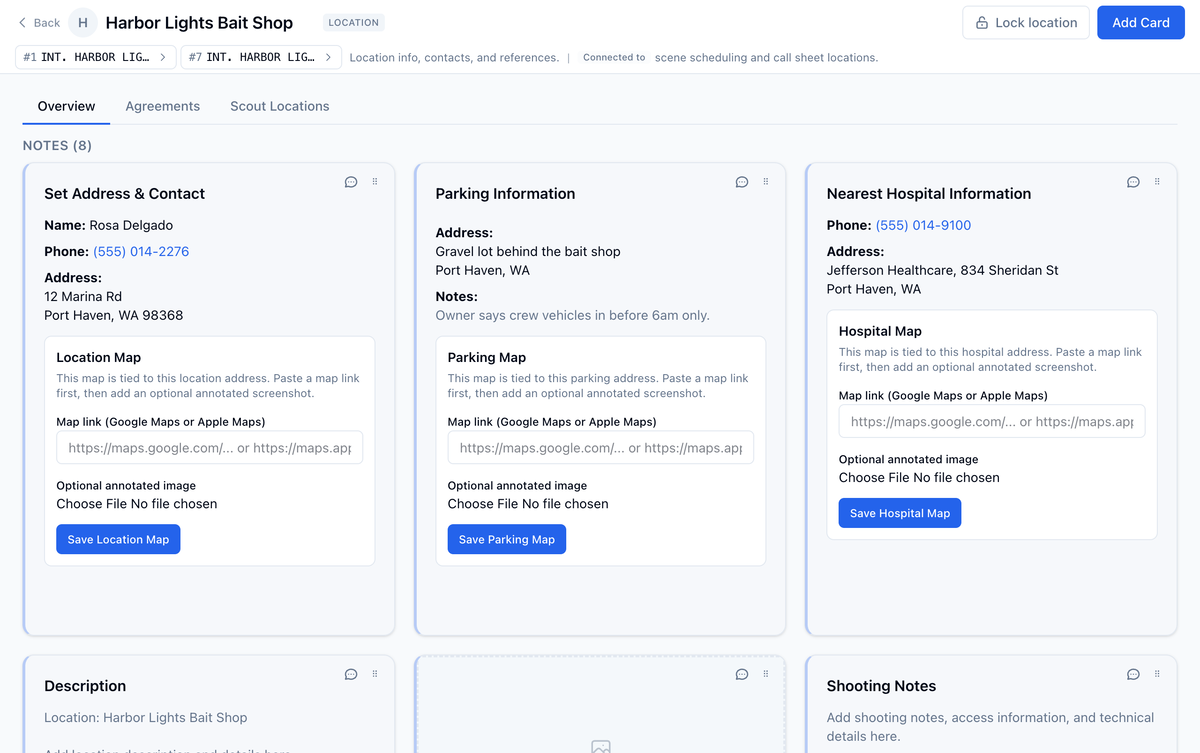 The Harbor Lights Bait Shop board on the Overview tab, with the address, parking, and hospital cards filled in