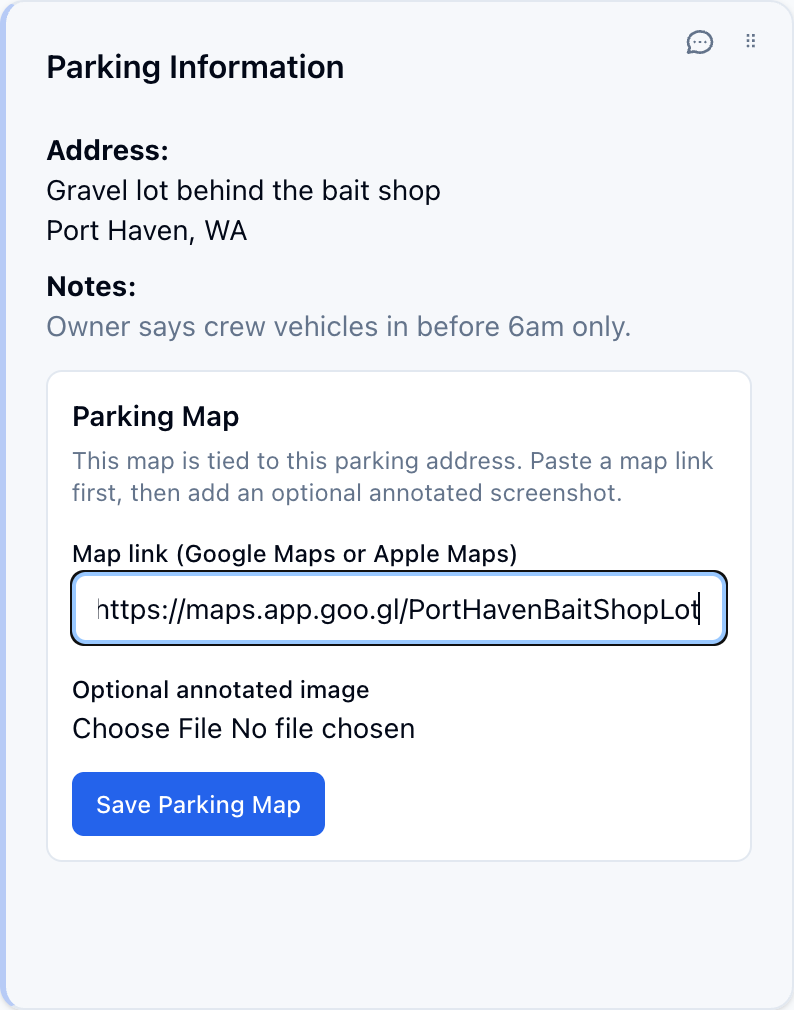 The Parking Information card with a Google Maps link pasted into the Parking Map's Map link field