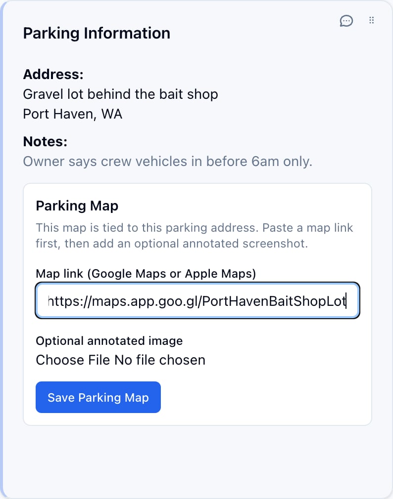 The Parking Information card with a Google Maps link pasted into the Parking Map's Map link field