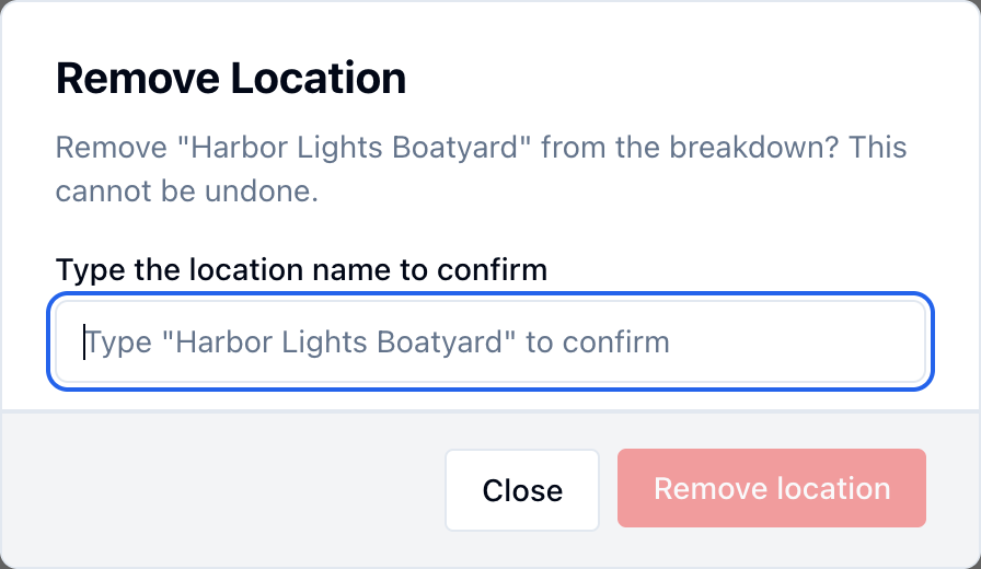 The Remove Location confirmation for Harbor Lights Boatyard, asking you to type the location name