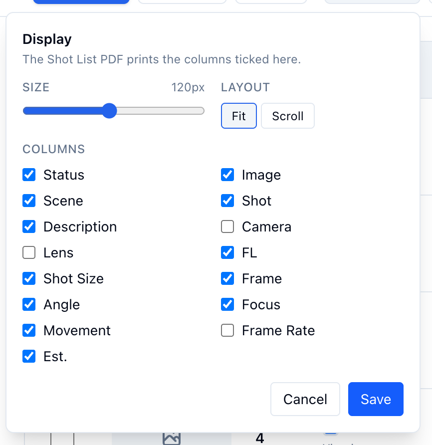 The Display panel with Camera, Lens, and Frame Rate unticked and the line about the PDF