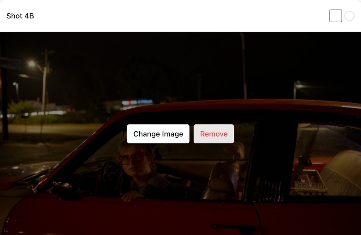 A shot card's image area on hover, with Change Image and Remove