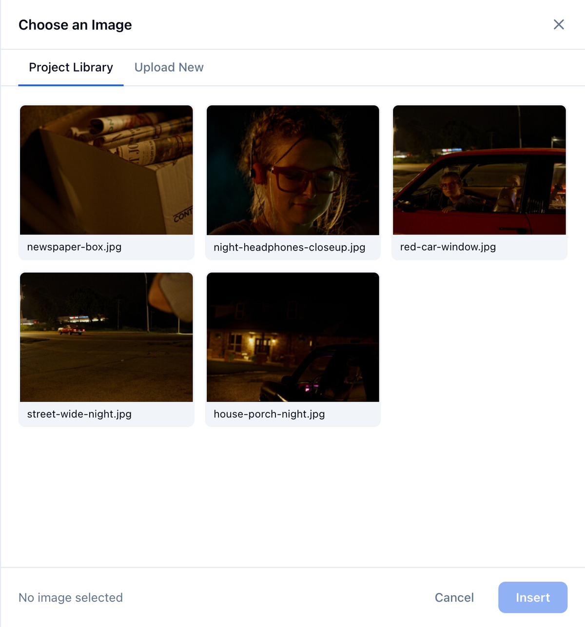 The image picker on Project Library, with the project's stills