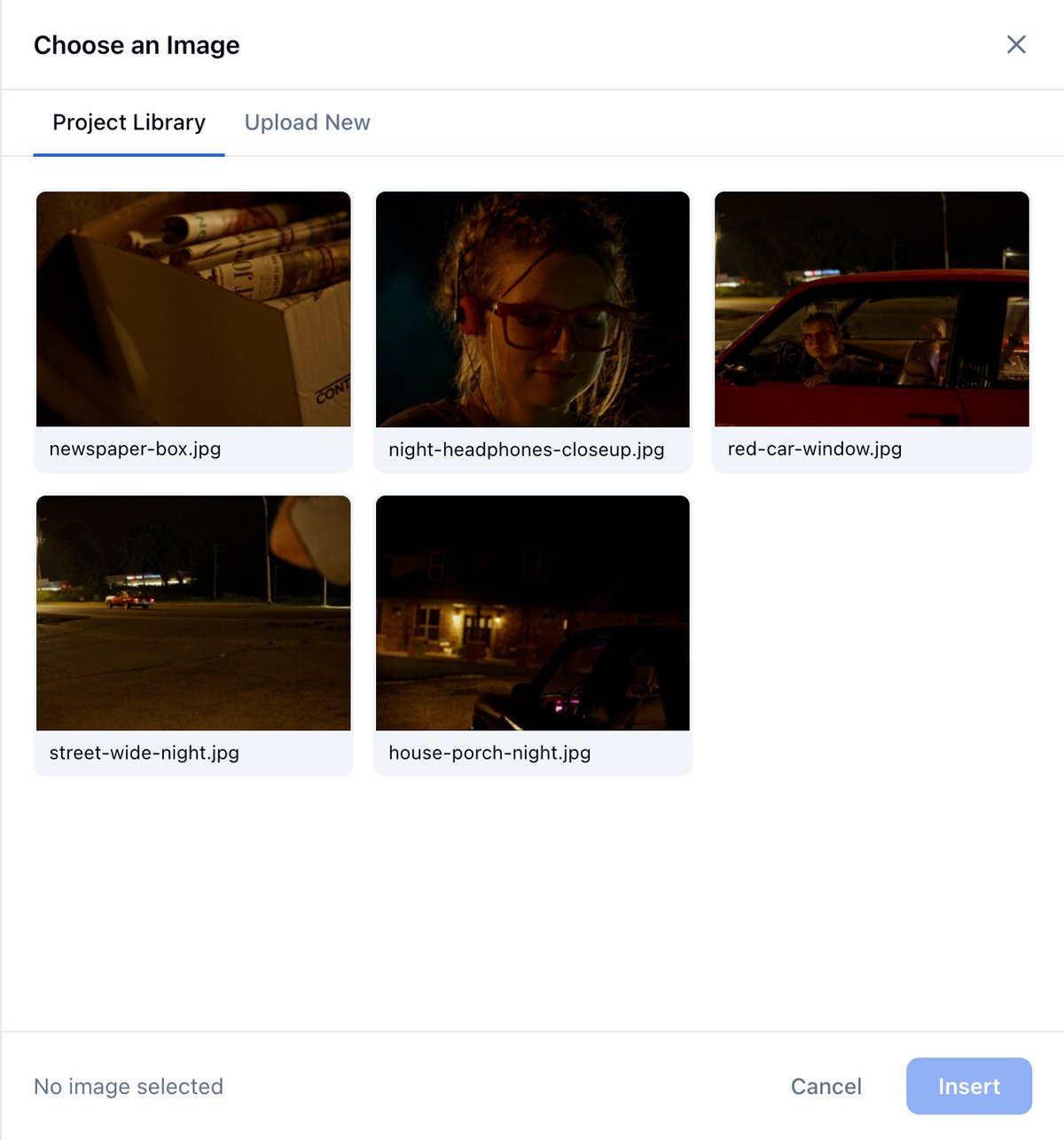 The image picker on Project Library, with the project's stills