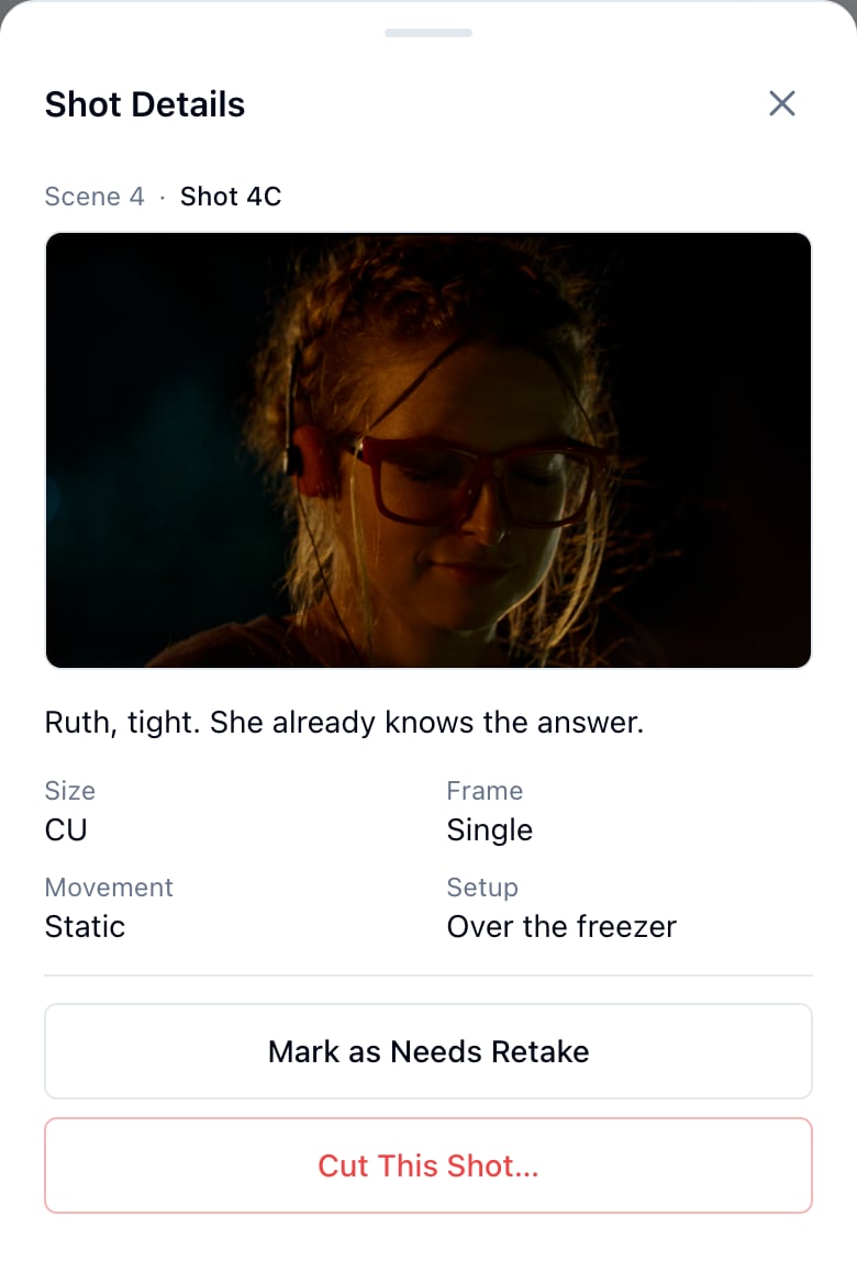 A shot's details on the phone, with its reference frame