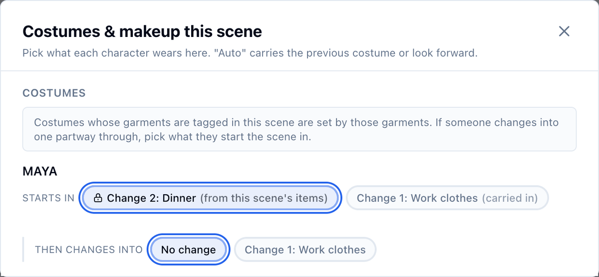Scene 3 starts in Change 2: Dinner from the scene's sundress; clicking Change 1: Work clothes (carried in) makes the scene read Change 1: Work clothes → Change 2: Dinner