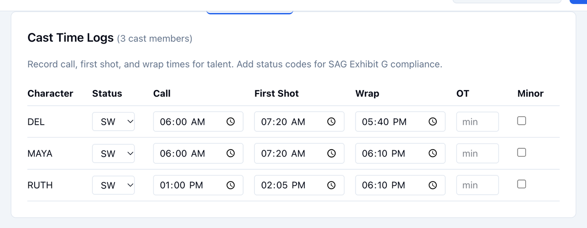 The Cast Time Logs table: DEL, MAYA, and RUTH with Status, Call, First Shot, Wrap, OT, and Minor columns