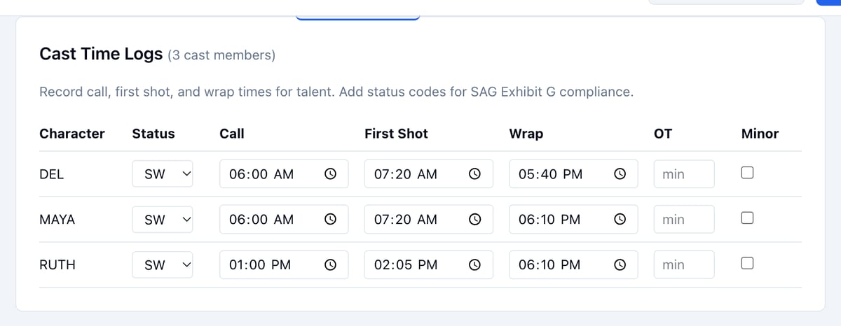 The Cast Time Logs table: DEL, MAYA, and RUTH with Status, Call, First Shot, Wrap, OT, and Minor columns