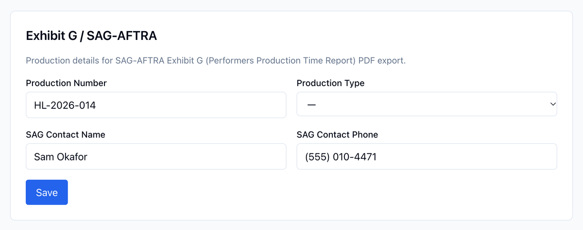 Project Settings, Exhibit G / SAG-AFTRA: Production Number, Production Type, SAG Contact Name, and SAG Contact Phone