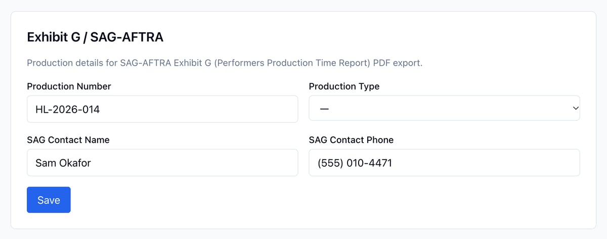 Project Settings, Exhibit G / SAG-AFTRA: Production Number, Production Type, SAG Contact Name, and SAG Contact Phone