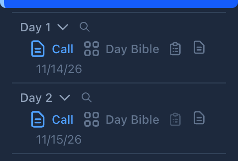 Two days in the schedule sidebar, each with Call, Day Bible, a clipboard, and a Day sides icon