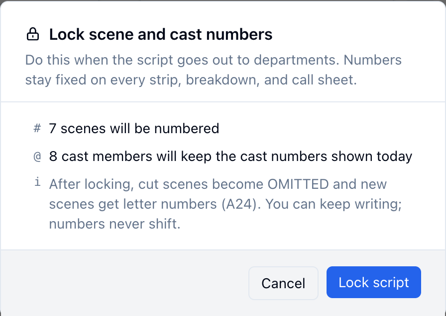 The Lock scene and cast numbers confirmation, listing scene and cast counts