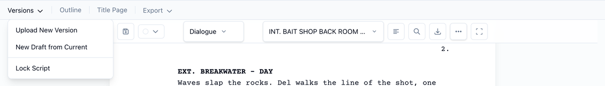 The Versions menu open above the editor, with Lock Script below Upload New Version and New Draft from Current